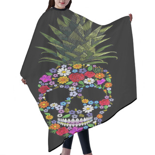 Personality  Embroidery Skull Pineapple T-skirt Print. Fashion Decoration Patch Floral Embroidered Imitation. Yellow Exotic Fruit Tropical Art. Vector Illustration Black Background Hair Cutting Cape