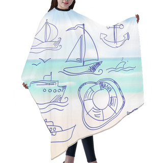 Personality  Sea And Hand-drawn Boat Set. Vector Hair Cutting Cape