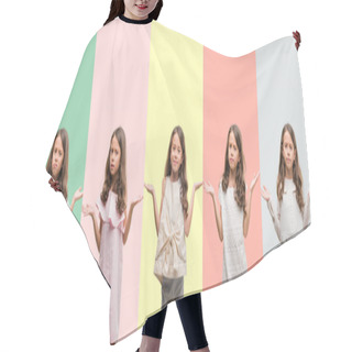 Personality  Collage Of Brunette Hispanic Girl Wearing Different Outfits Clueless And Confused Expression With Arms And Hands Raised. Doubt Concept. Hair Cutting Cape