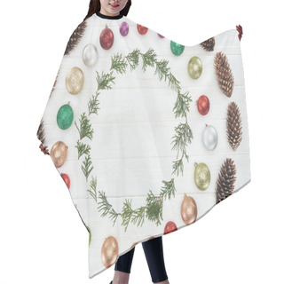 Personality  Evergreen Coniferous Twigs, Pine Cones And Shiny Colorful Baubles On White Wooden Background Hair Cutting Cape