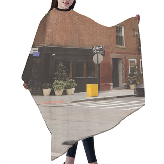 Personality  Brick Building With Storefront And Flowerpots Near Crossroad In New York City Downtown, City Charm Hair Cutting Cape