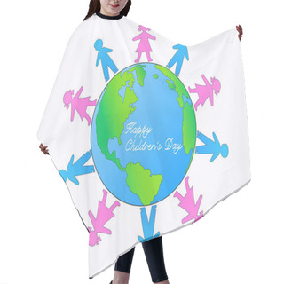 Personality  Illustration Of Kids Around Globe And Happy Childrens Day Lettering On White Hair Cutting Cape