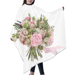 Personality  A Wedding Bouquet In Pastel Colors, Consisting Of Roses, Peonies, Eucalyptus Leaves And Decorated With A Pink Ribbon, On A White Background Hair Cutting Cape