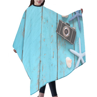 Personality  Top View Image Of Photo Camera, Sea Shells And Star Fish Over Wooden Table Hair Cutting Cape