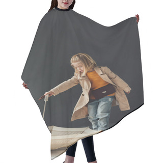 Personality   Child In Trench Coat And Jeans Playing With Umbrella On Black Background  Hair Cutting Cape