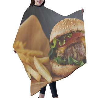 Personality  Delicious Burger With Meat And French Fries On Wooden Surface Hair Cutting Cape