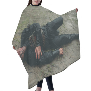 Personality  A Young Man In The Image Of A Murdered Medieval Knight Lying On The Ground. Hair Cutting Cape
