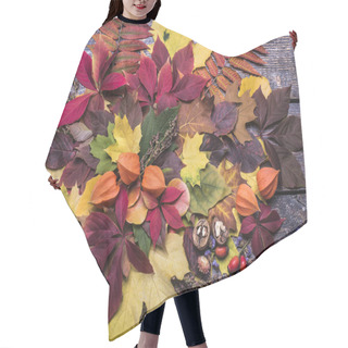 Personality  Natural Organic Background With Colorful Leaf, Physalis Fruits, Nuts, Dogrose And Poppy On A Wooden Hair Cutting Cape