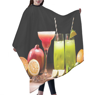 Personality  Alcohol Drinks With Lime, Pomegranate And Ice Cubes On Table Hair Cutting Cape