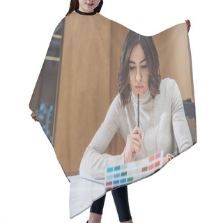 Personality  Thoughtful Young Designer Picking Color From Palette Hair Cutting Cape