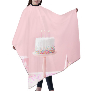 Personality  Tasty Birthday Cake With Gifts On Table Against Color Background Hair Cutting Cape
