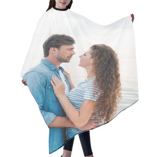 Personality  Beautiful Young Couple Embracing Near Sea  Hair Cutting Cape