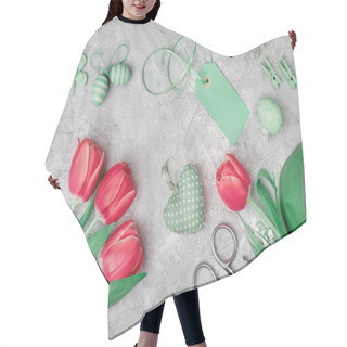 Personality  Easter Flowers, Eggs And Gift Boxes, Flat Lay On Textured Grey Background. Red Tulips, White Baby Breath And Lily Of The Valley, Geometric Decorative Top View With Eggs, Ribbon, Heart And Gift Tags. Hair Cutting Cape