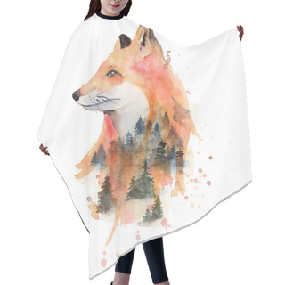 Personality  Watercolor Fox With Double Exposure Effect Animal Illustration Isolated On White Background. Hair Cutting Cape