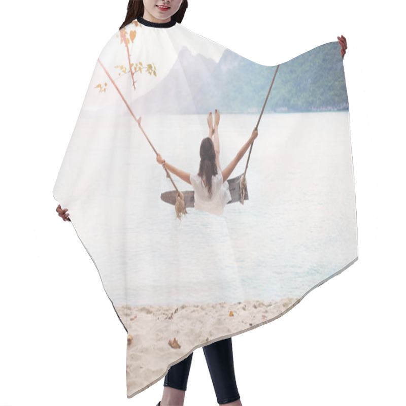 Personality  Carefree happy woman swinging  hair cutting cape