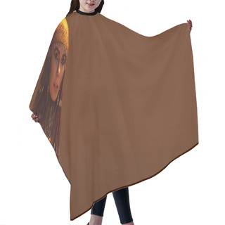 Personality  Stylish Woman In Egyptian Costume And Headdress Posing On Brown Background, Banner Hair Cutting Cape