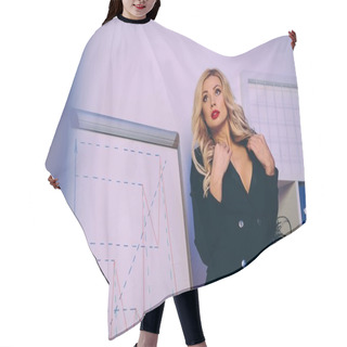 Personality  Seductive Woman Standing In Jacket Near Diagram Chart And Looking Away Hair Cutting Cape