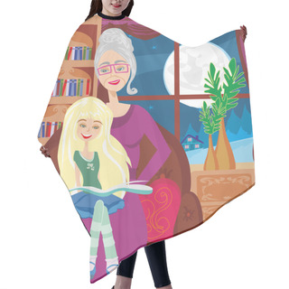 Personality  Grandmother Is Reading A Book To Her Granddaughter Hair Cutting Cape
