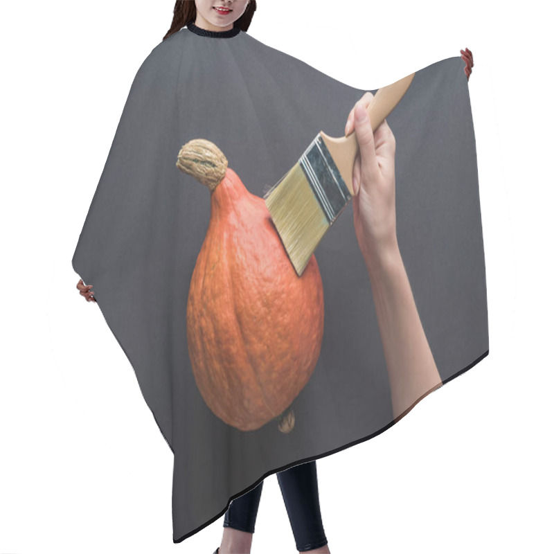 Personality  Partial View Of Woman Holding Paintbrush Near Pumpkin On Black Background Hair Cutting Cape