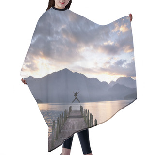 Personality  Successful Businessman Jumping On The Pier Hair Cutting Cape