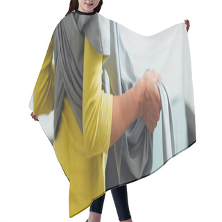 Personality  Panoramic Shot Of Woman Wearing Baby Sling In Living Room  Hair Cutting Cape