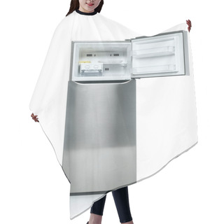Personality  Open Freezer In Fridge With Food On Shelves Isolated On White Hair Cutting Cape