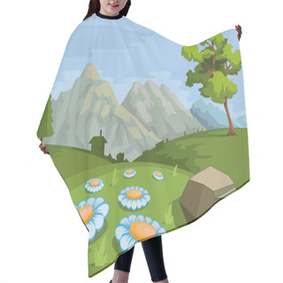 Personality  Landscape With A Mountains And Trees. Nature As A Background. Park Elements For Landscape. Hand Drawn Cartoon Nature. Paysage With Blue Sky And Flower Fields. Vector Graphics To Design Hair Cutting Cape