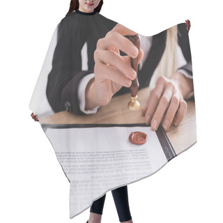Personality  Cropped View Of Notary Stamping Contract With Wax Seal Hair Cutting Cape