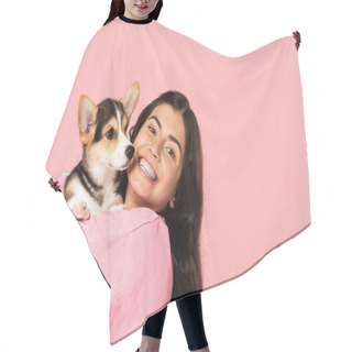 Personality  Beautiful Smiling Girl Holding Welsh Corgi Puppy, Isolated On Pink Hair Cutting Cape