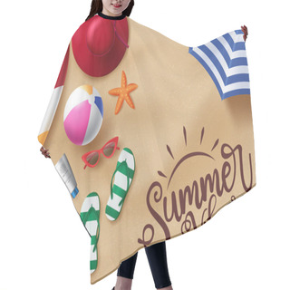 Personality  Summer Beach Vector Banner Design. Summer Vibes Text In Beach Sand Background With Realistic Beach Elements Like Surfboard, Flip Flop, Beach Ball, Sunglasses, Umbrella And Lifebuoy. Vector Illustration  Hair Cutting Cape