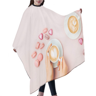 Personality  Female Hands  Holding Cup Of Coffee On Pale Pink Background.   Flat Lay, Top View Hair Cutting Cape