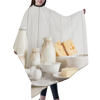 Personality  Delicious Fresh Dairy Products And Eggs On White Wooden Background Hair Cutting Cape