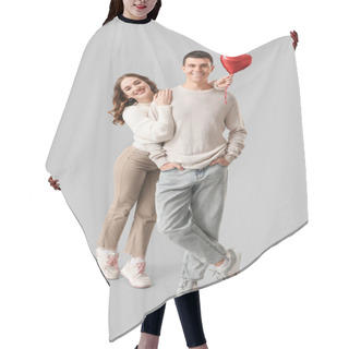 Personality  Happy Young Couple With Heart-shaped Air Balloon On Pink Background. Valentine's Day Celebration Hair Cutting Cape