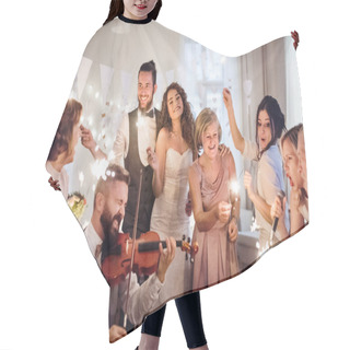 Personality  A Young Bride, Groom And Other Guests Dancing And Singing On A Wedding Reception. Hair Cutting Cape