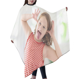Personality  Child Funny Face. Kid Teasing. Girl Laughing. Hair Cutting Cape