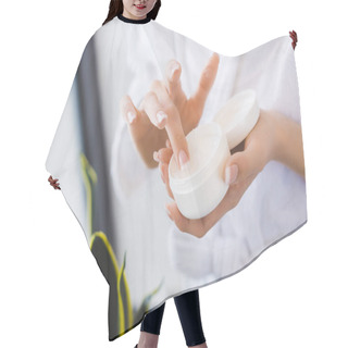 Personality  Partial View Of Woman Holding Face Cream In Hands Hair Cutting Cape