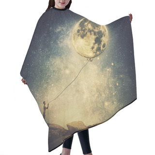 Personality  Surreal And Inspirational Scene With A Person Holding The Full Moon As A Balloon With A Rope. Dreamlike Imaginary View Over The Night Starry Sky Background Hair Cutting Cape