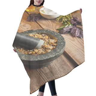 Personality  Mortars With Pestles With Herbal Mix Near Fresh Basil On Wooden Surface Hair Cutting Cape