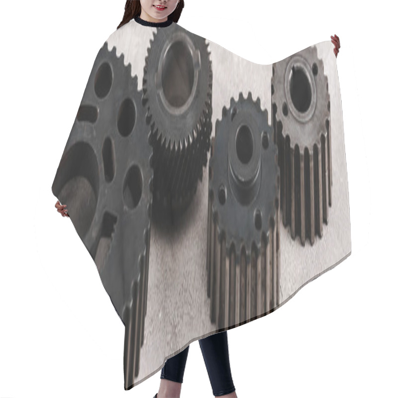 Personality  Metal Round Gears On Grey Background, Panoramic Shot Hair Cutting Cape