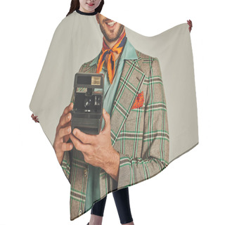 Personality  Cropped View Of Smiling Man In Plaid Jacket Holding Vintage Camera On Grey, Retro-inspired Lifestyle Hair Cutting Cape