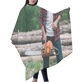 Personality  Partial View Of Lumberjack In Checkered Shirt Holding Chainsaw In Forest Hair Cutting Cape