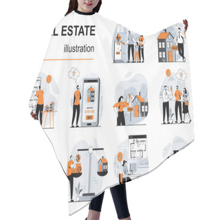 Personality  Real Estate Concept With People Scenes Set In Flat Design. Women And Men Receives Mortgage Loan, Buys New House, Receiving Keys To Home Property. Vector Illustration Visual Stories Collection For Web Hair Cutting Cape