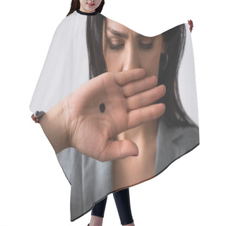 Personality  Upset Businesswoman With Black Dot On Palm Covering Mouth Isolated On White, Domestic Violence Concept  Hair Cutting Cape