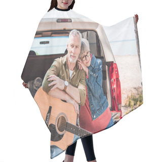 Personality  Happy Senior Couple With Acoustic Guitar Near Car In Sunny Day Hair Cutting Cape