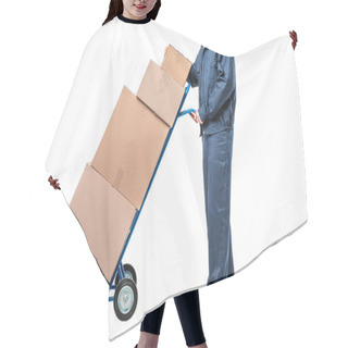 Personality  Cropped View Of Mover In Uniform Transporting Cardboard Boxes On Hand Truck Isolated On White Hair Cutting Cape