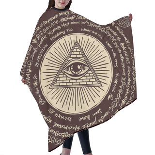 Personality  Vector Banner With Eye Of Providence. All-seeing Eye Inside Triangle Pyramid. Symbol Omniscience. Luminous Delta. Ancient Mystical Sacral Illuminati Symbol With Magical Inscriptions On Black Backdrop Hair Cutting Cape