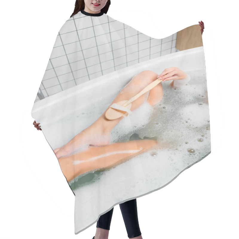 Personality  Cropped View Of Young Woman Using Brush In Bath With Soapsuds  Hair Cutting Cape