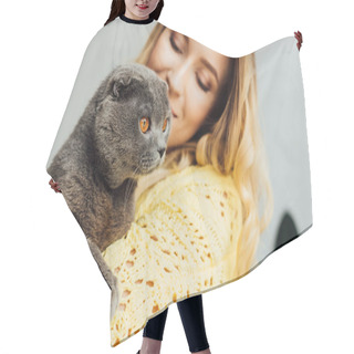 Personality  Beautiful Girl In Knitted Sweater Holding Scottish Fold Cat  Hair Cutting Cape