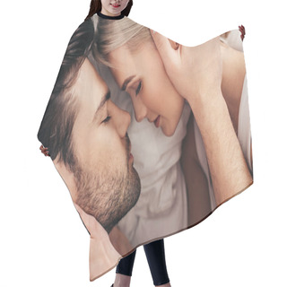 Personality  Top View Of Of Attractive Girlfriend And Handsome Boyfriend Laying In Bed Hair Cutting Cape