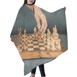 Personality  Close-up Partial View Of Man Playing Chess On Couch Hair Cutting Cape